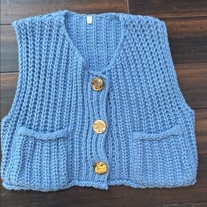 Blue Knit Sweater Vest with Gold Buttons